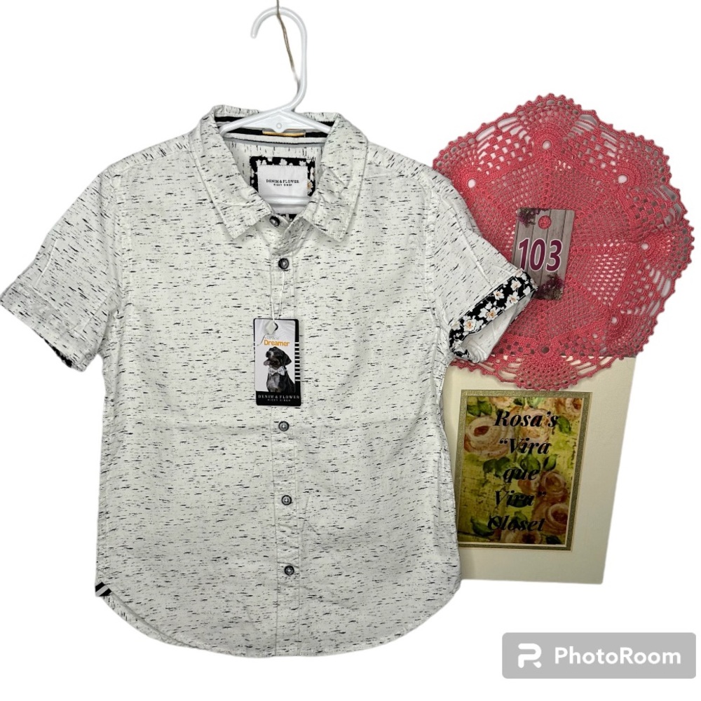 NWT Denim & Flower Ricky Singh Boys White & Black Button-Down Shirt Flower Trim